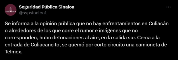 La SSP de Sinaloa explicó que los disparos que se escucharon en la zona se realizaron al aire en la salida sur de Culiacán.