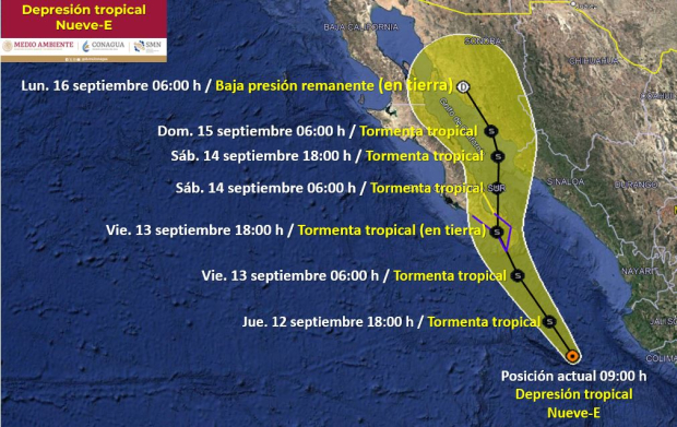 Trayectoria pronóstico de la depresión tropical Nueve-E