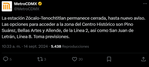 Cierra estación Zócalo/Tenochtitlán de la Línea 2.