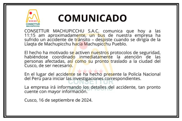 Comunicado de Consetur Machu Picchu.