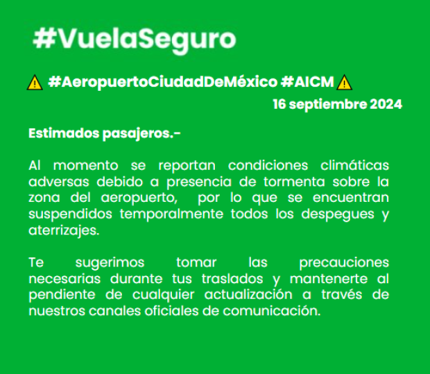 Suspenden temporalmente despegues y aterrizajes en el AICM.