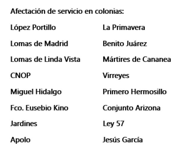 Cuáles son las colonias afectadas por el corte de agua en Hermosillo.