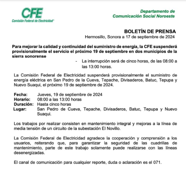 La CFE así informó sobre este corte al suministro de luz este 19 de septiembre.