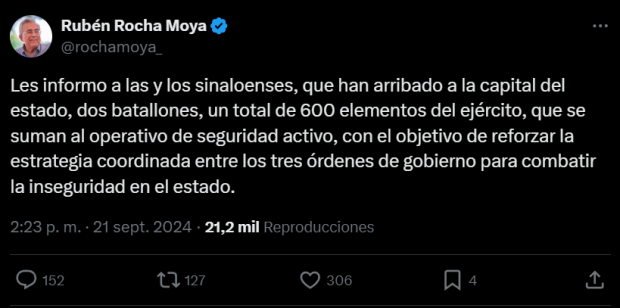 Rubén Rocha Moya informó sobre la llegada de los 600 militares.