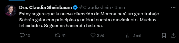 A través de X, Sheinbaum felicitó a nueva dirigencia de Morena.