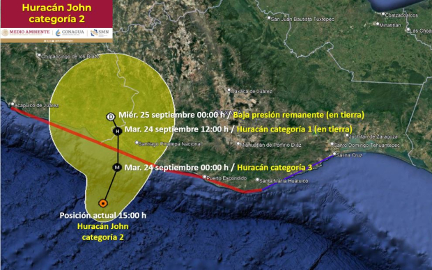 Este martes 24 de septiembre, el huracán "John" tocará tierra en las costas de Oaxaca y Guerrero.