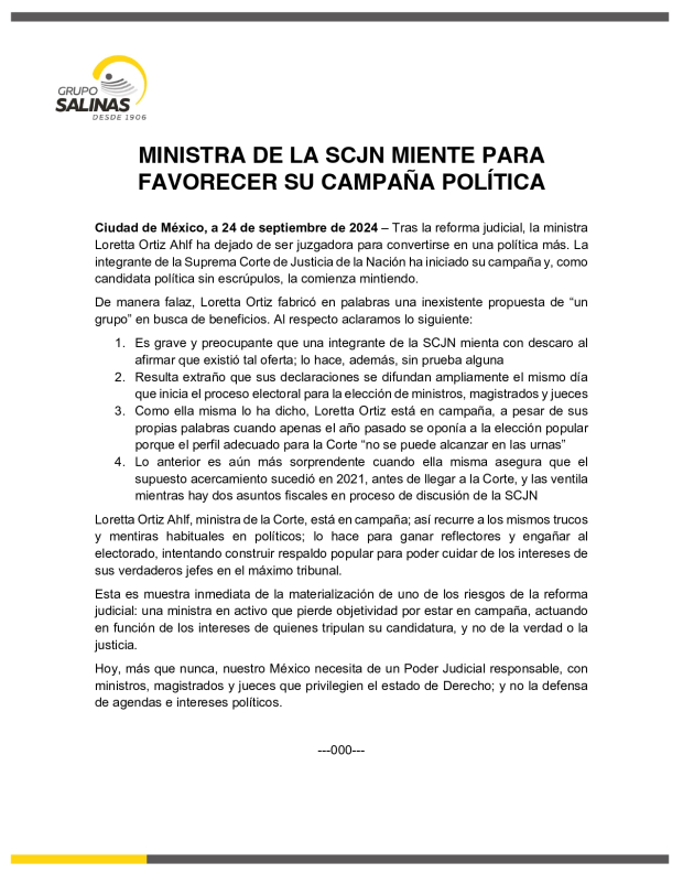 "La integrante de la SCJN ha iniciado su campaña y, como candidata política sin escrúpulos, la comienza mintiendo”, mencionó Grupo Salinas.