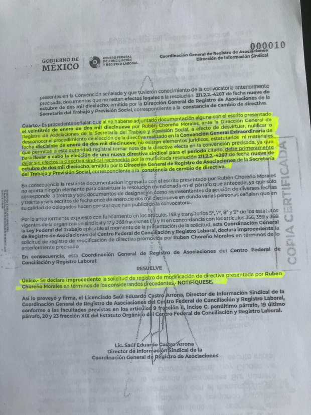 Se declaró improcedente la solicitud de registro de modificación de directiva presentada por Rubén Choreño Morales.