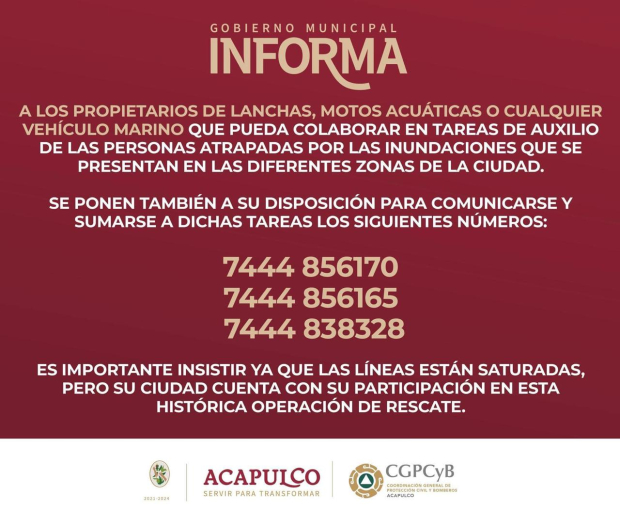 Tarjeta informativa del gobierno de Acapulco.