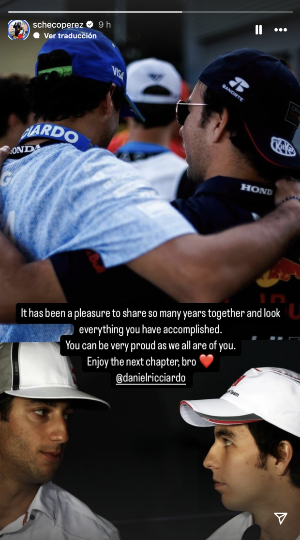 Checo Pérez le dedicó un emotivo mensaje de despedida a Daniel Ricciardo.