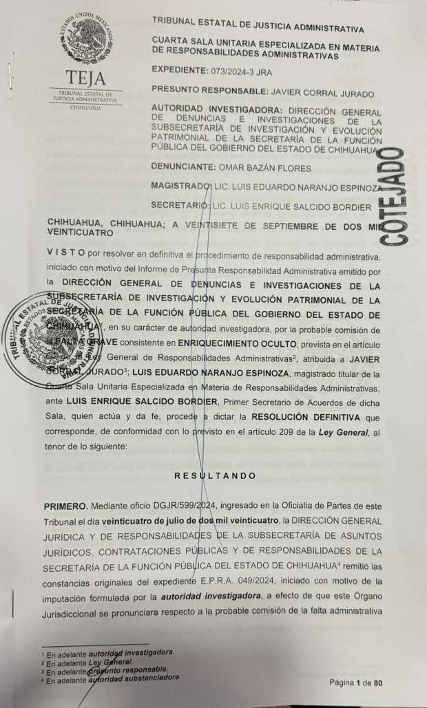 El Tribunal de Justicia Administrativa de Chihuahua inhabilitó por un año al senador de Morena, Javier Corral.