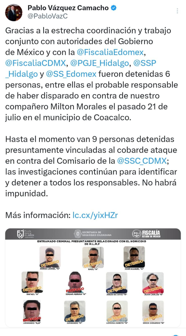 Comunicado de Pablo Vázquez sobre las detenciones clave en el caso Milton Morales.