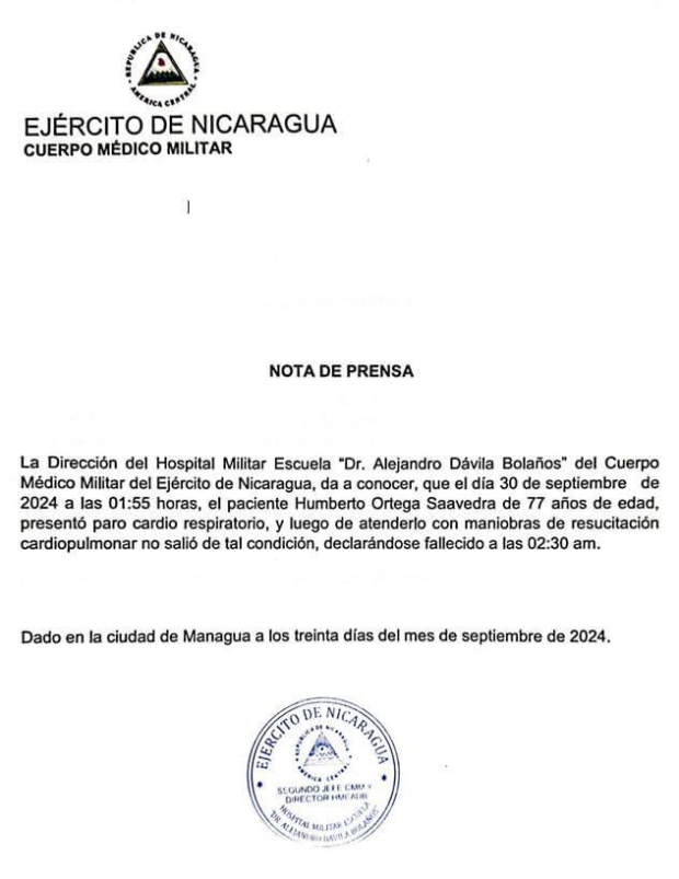 Nota de prensa sobre la muerte de Humberto Ortega Saveedra, hermano del dictador de Nicaragua.