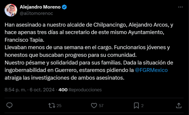 Alejandro Moreno confirma el asesinato del alcalde.