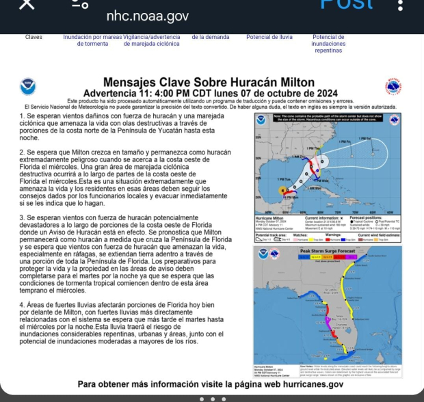 Centro Nacional de Huracanes advierte afectaciones severas por el paso del huracán "Milton".