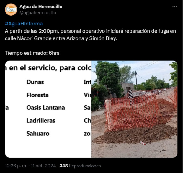 Así se informó hoy sobre el corte de agua en Hermosillo, Sonora.