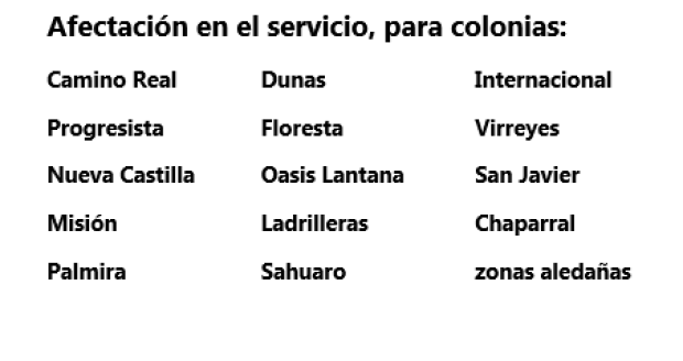 Lista de colonias afectadas por el corte de agua en Hermosillo hoy.