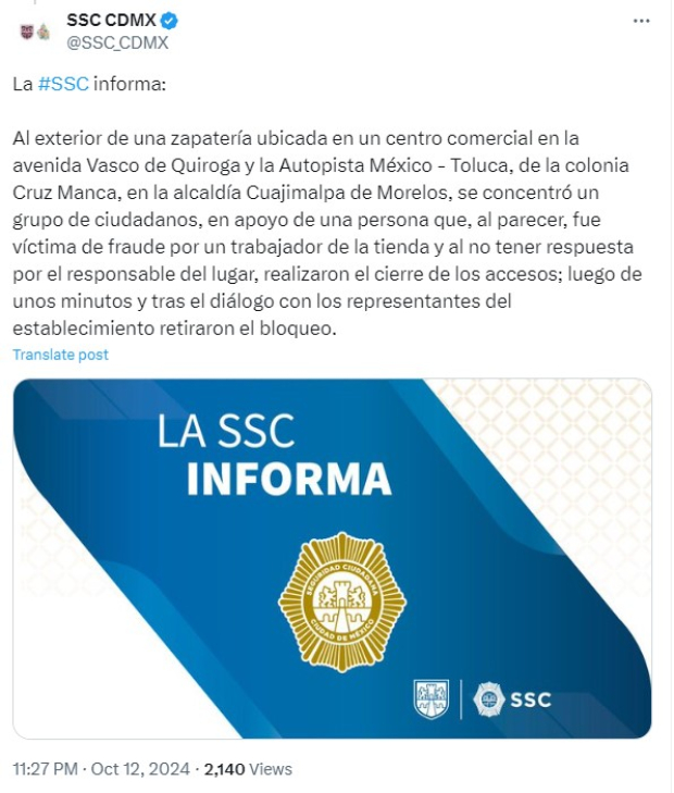 SSC-CDMX responde a usuario sobre bloqueo.