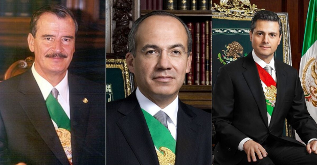 Retratos oficiales de los expresidentes Vicente Fox, Felipe Calderón y Enrique Peña Nieto.