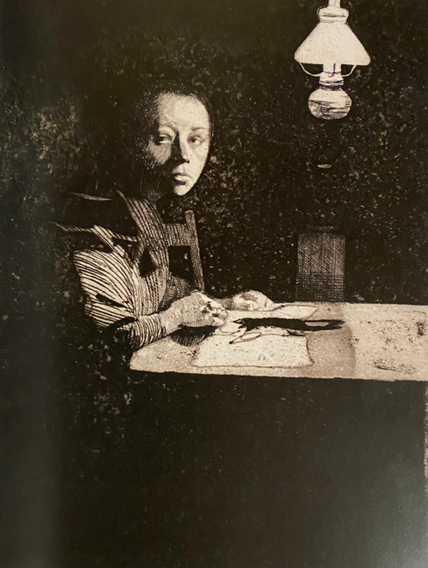 Autorretrato frente a la mesa, Käthe Kollwitz, 1893.