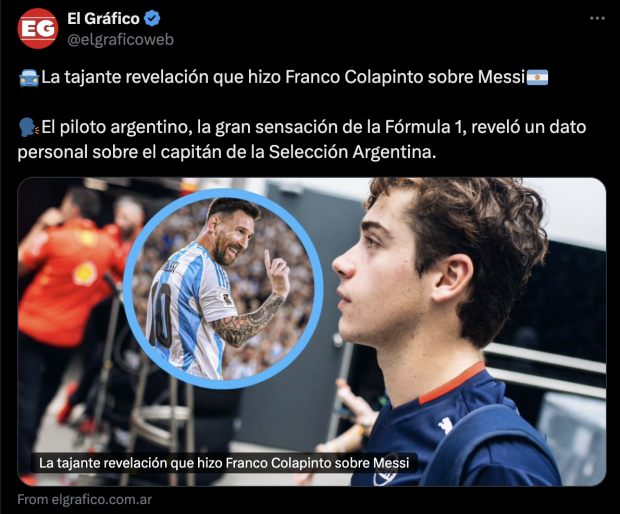 Franco Colapinto dejó a Lionel Messi fuera de su top 3 de deportistas argentinos favoritos.