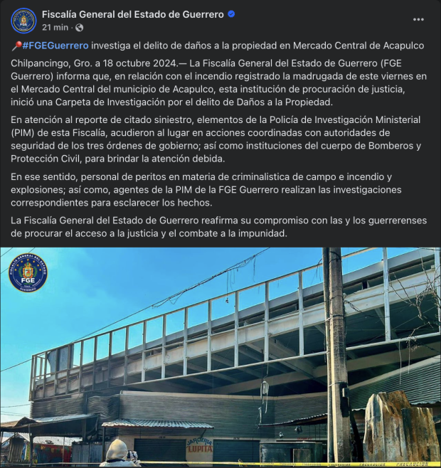 Comunicado de la Fiscalía de Guerrero sobre el incendio en el Mercado Central de Acapulco