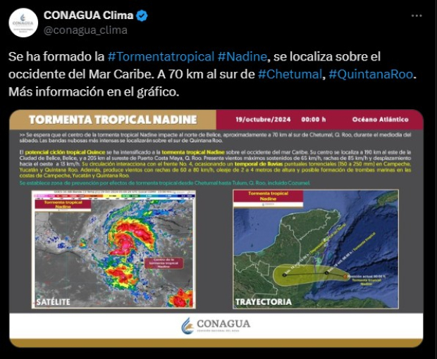 Así informó el Servicio Meteorológico Nacional sobre la formación de la tormenta tropical “Nadine”.