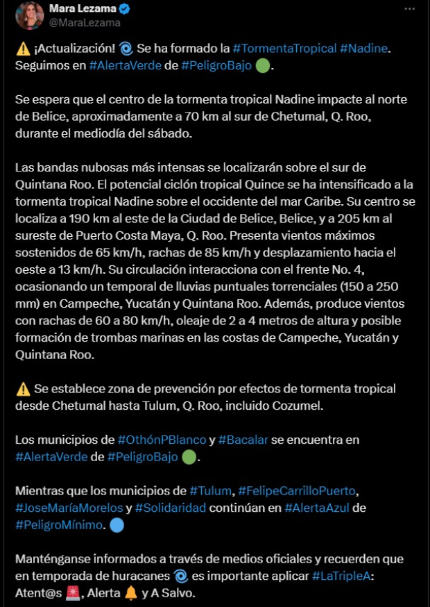 Activan alerta azul en Quintana Roo.