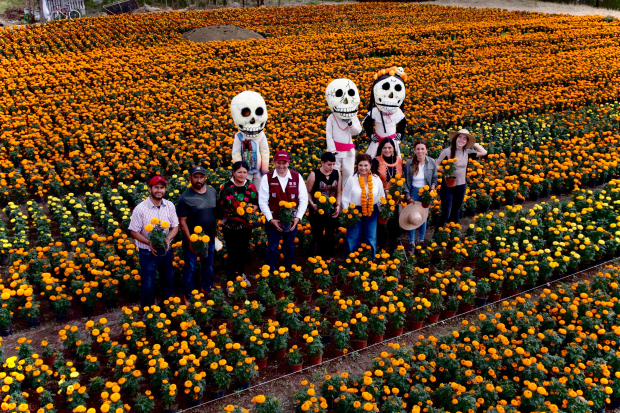 Clara Brugada junto a productores de cempasúchil en Xochimilco.