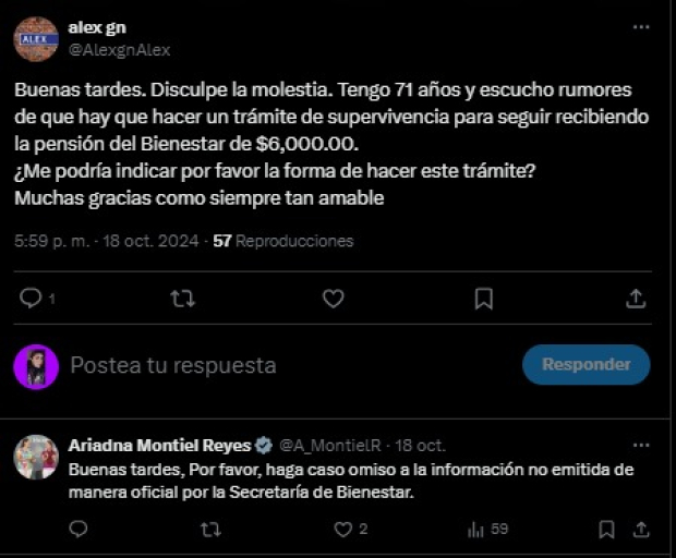 La titular de la Secretaría del Bienestar desmiente que se tenga que comprobar la supervivencia para recibir la Pensión Bienestar.