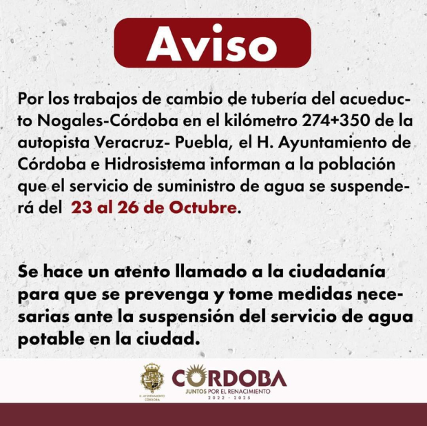 Anuncian mega corte de agua en Córdoba, Veracruz.