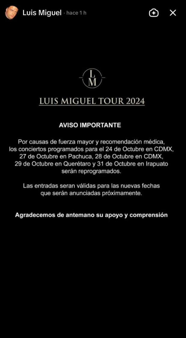 Luis Miguel cancela sus próximos conciertos en CDMX.