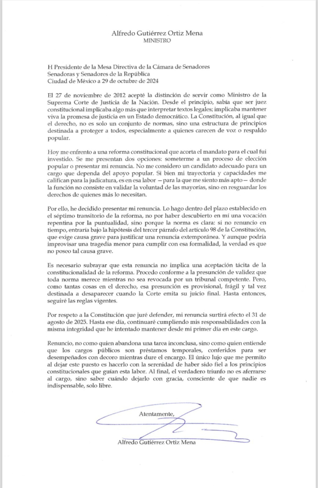 Carta del ministro Alfredo Gutiérrez Ortiz Mena.