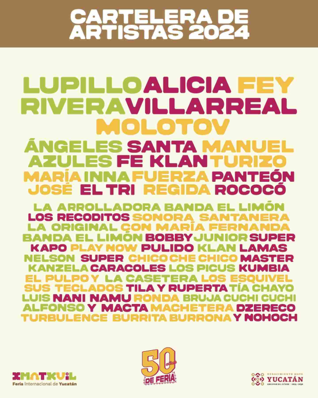 Cartelera de artistas de la Feria Xmatkuil 2024 en Yucatán.