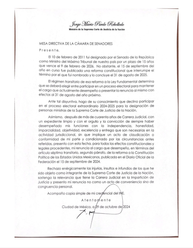 Carta de renuncia del ministro Jorge Mario Pardo Rebolledo.