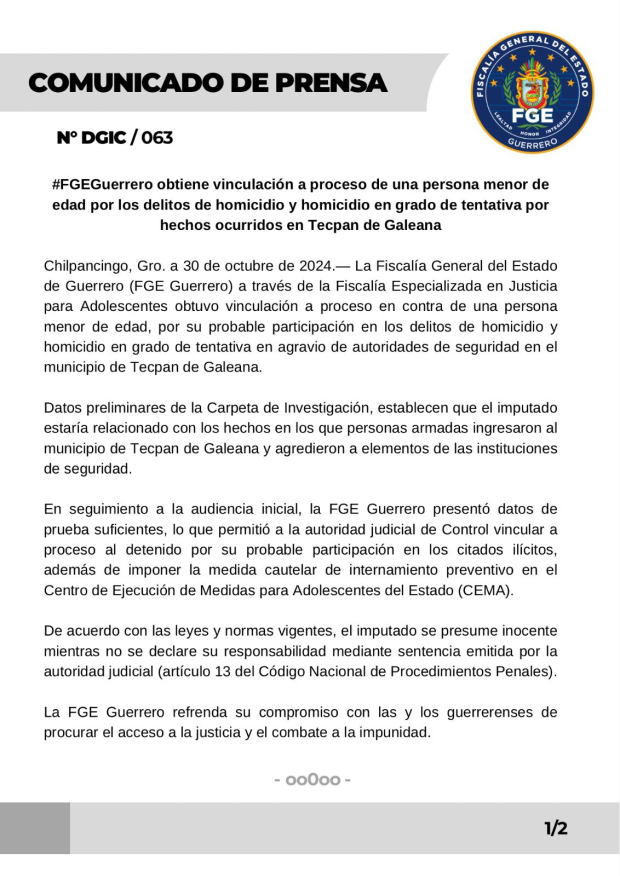 Comunicado sobre vinculación a proceso de Tecpan, Guerrero.