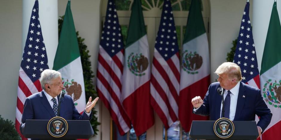 Los presidentes Andrés Manuel López Obrador y Donald Trump, ayer, al momento de los discursos, en los cuales empataron menciones sobre Juárez y Lincoln.