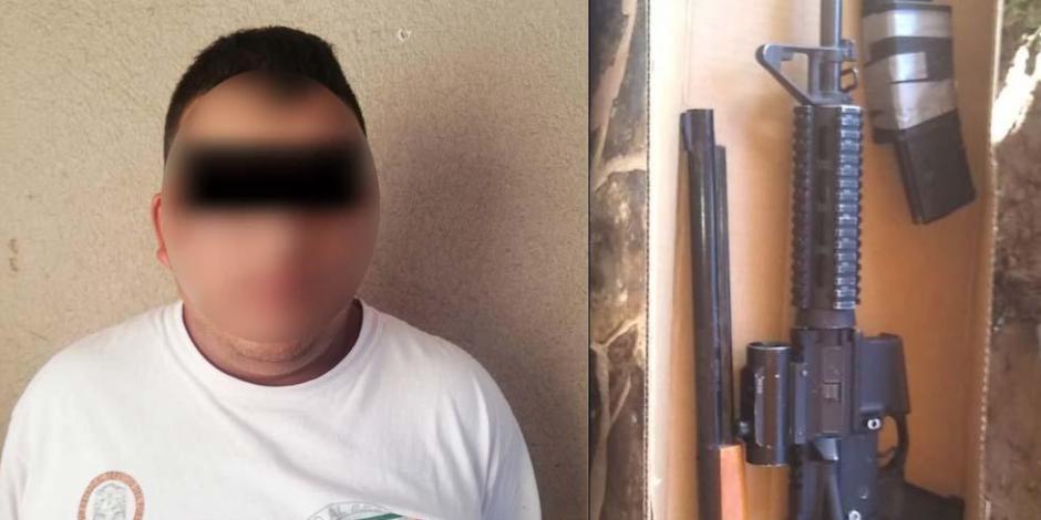 Yovani, supervisor policiaco en Baja California, es detenido y le decomisan un fusil AR-15 y una pistola 9mm.