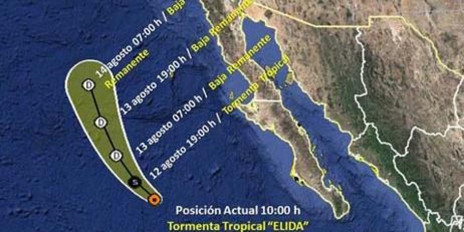 Ya con menos intensidad, Elida se aleja de la Península de Baja California.