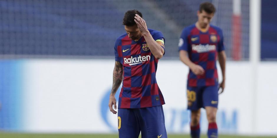 Lionel Messi se lamenta durante el partido contra el Bayern Múnich en Portugal.