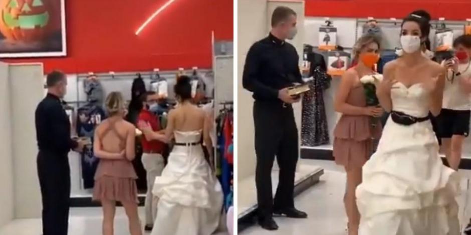 Mujer lleva vestida de novia a buscar a su pareja al trabajo