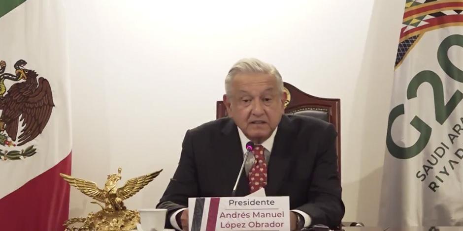 El Presidente Andrés Manuel López Obrador en su participación en la cumbre del G20.