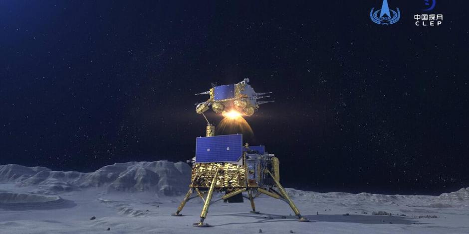 Imagen simulada que describe el despegue de la parte superior de la sonda Change’e de la superficie lunar.