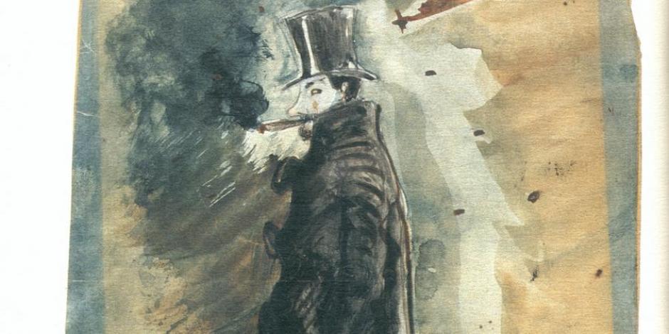 Autorretrato bajo la influencia del hashisch, pluma difuminada y pigmento, detalle, 1842-1845.