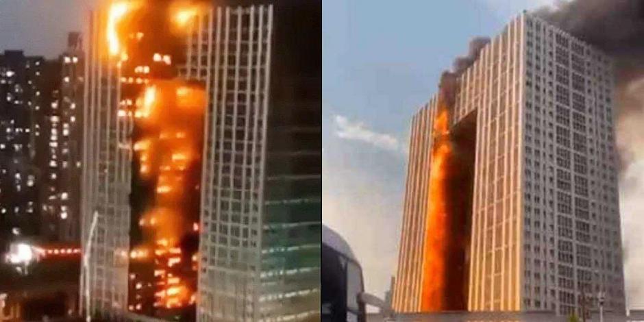 Un gran incendio que arrasó con un rascacielos en la ciudad de Dalian, en la provincia china de Liaoning.
