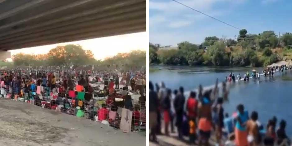 Las imágenes muestran a un amplio número de migrantes (bajo un puente y cruzando el río Texas) en espera de ingresar a Estados Unidos