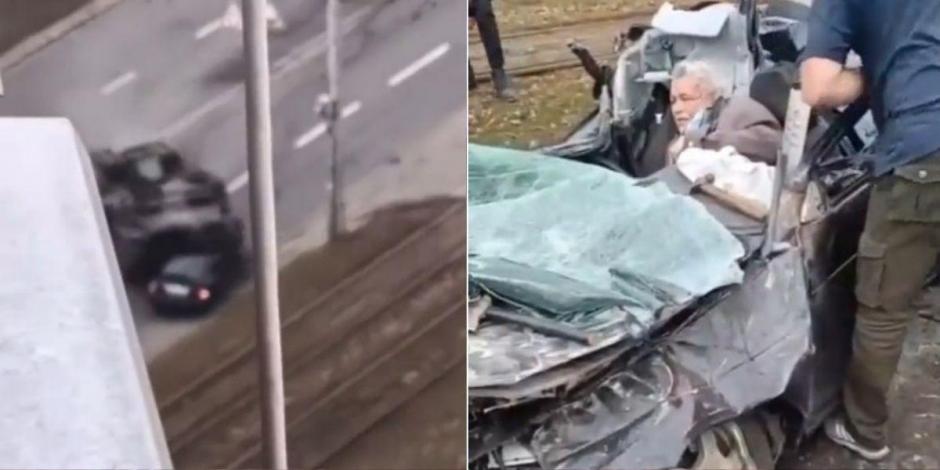 Imágenes del momento en que el tanque pasó por encima del automóvil en Ucrania, y del sobreviviente luego de que su coche quedó aplastado.