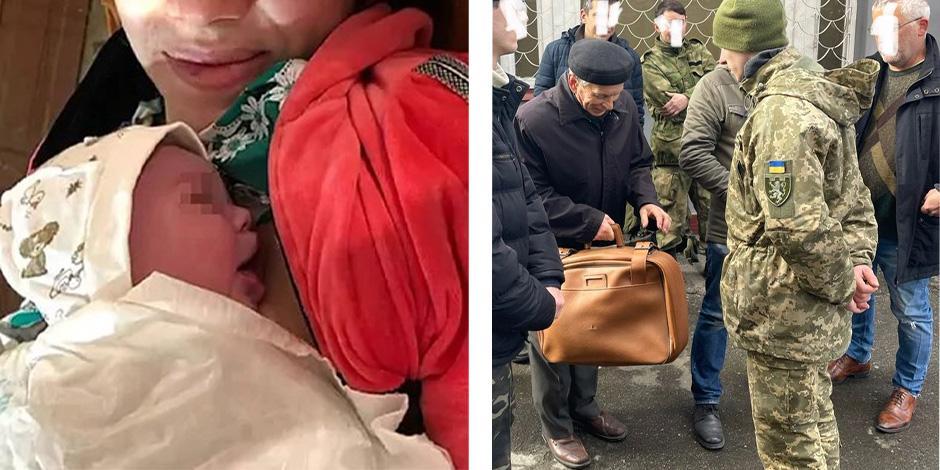 A la izquierda, la bebé recién nacida de nombre Mía y de lado derecho el ciudadano de 80 años presentándose con el Ejército.