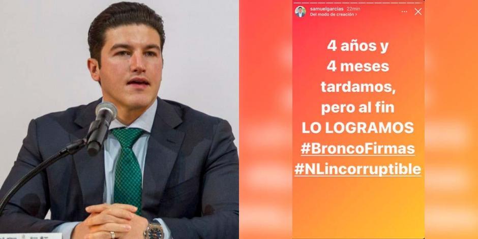 "4 años y 4 meses tardamos, pero al fin lo logramos. #BroncoFirmas #NLincorruptible", expresó Samuel García en Instagram sobre la detención de "El Bronco"