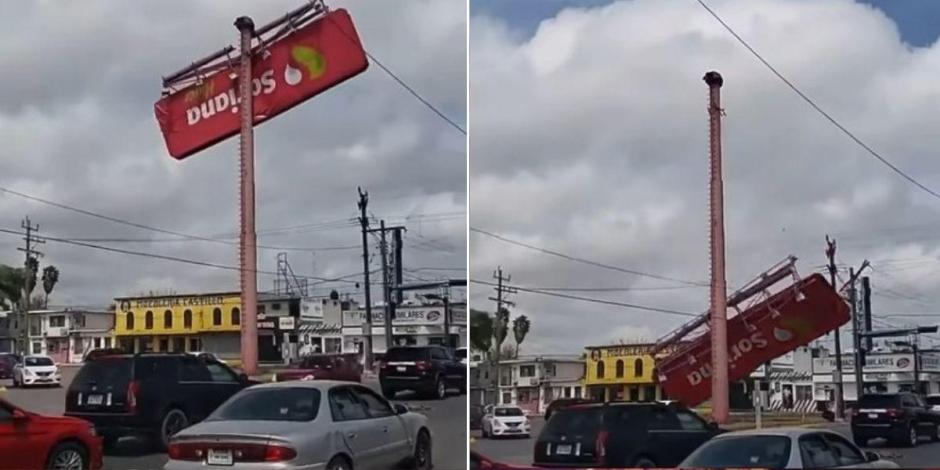 Espectacular de Soriana cae encima de auto de lujo en Matamoros, Tamaulipas.